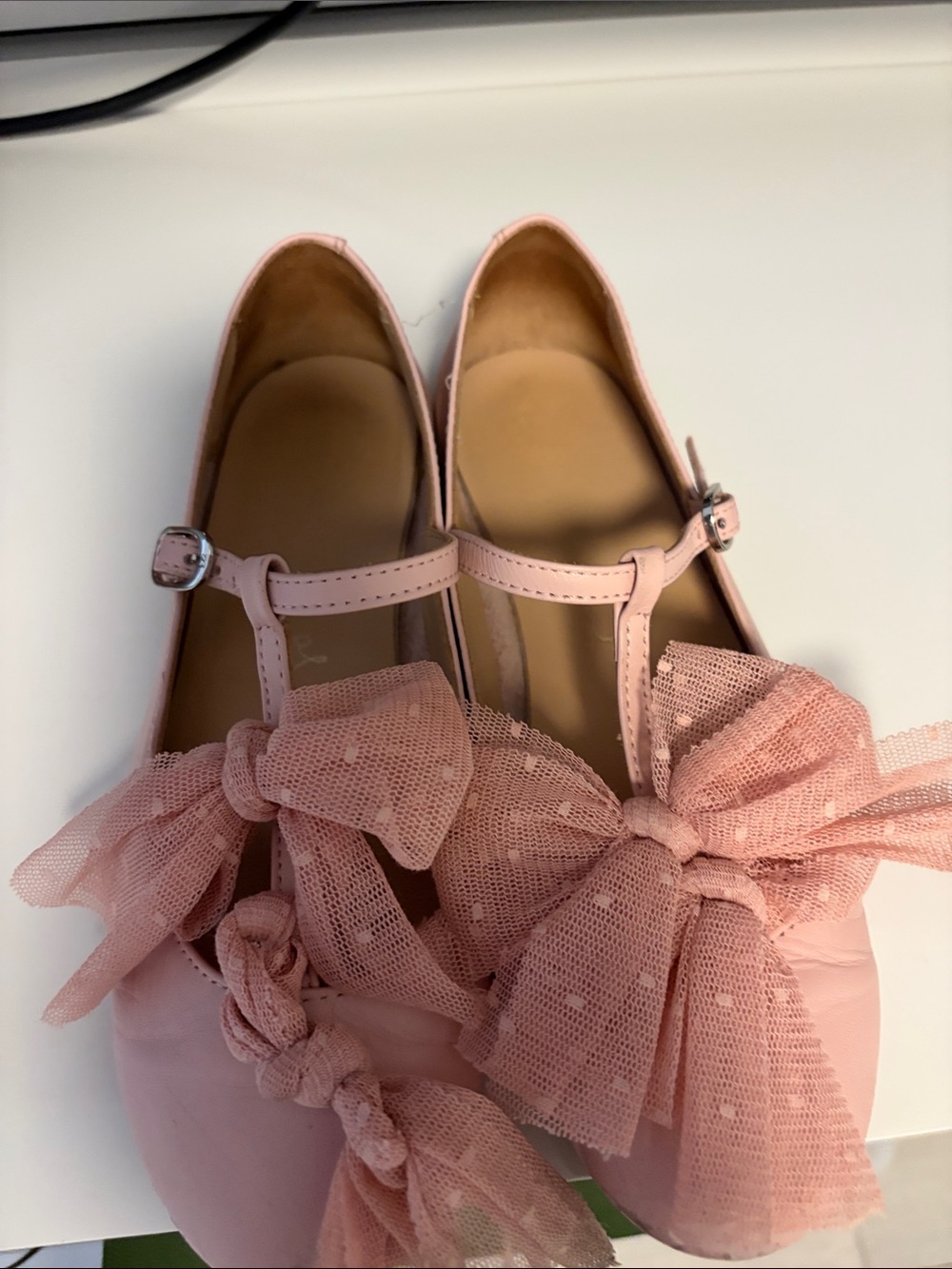 Girls’ Pink T-Strap Dress Flats with Bow Accent Size 34